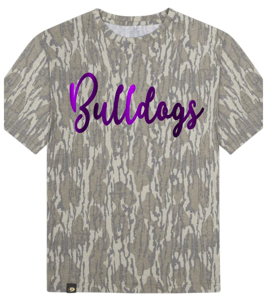 Mossy Oak Bottomland Camo Tee/Purple Metallic Puff Wylie Bulldogs PREORDER