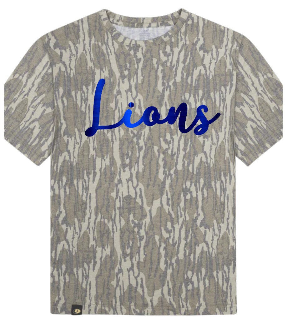 Mossy Oak Bottomland Camo Tee/Royal Blue Metallic Puff Lions PREORDER