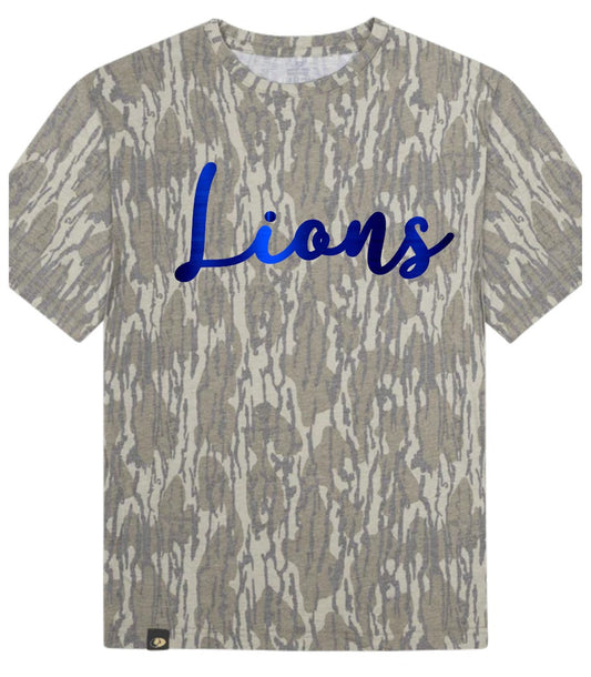 Mossy Oak Bottomland Camo Tee/Royal Blue Metallic Puff Lions PREORDER