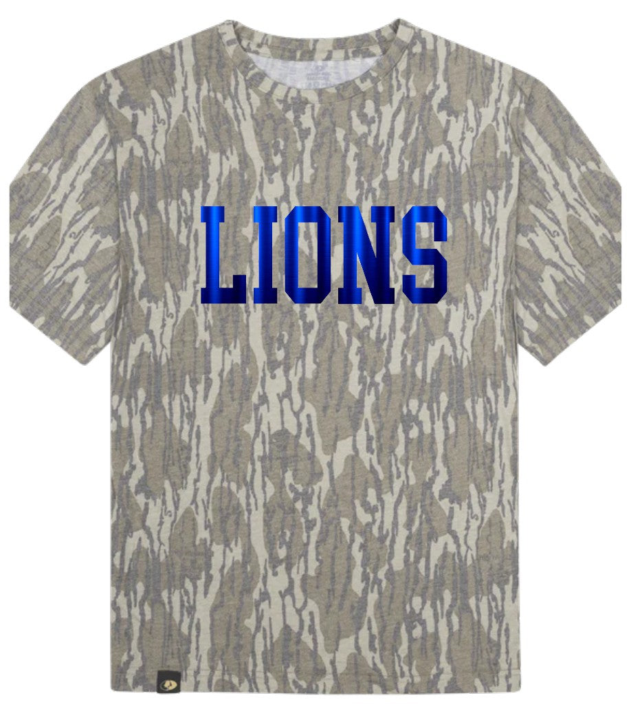 Mossy Oak Bottomland Camo Tee/Royal Blue Metallic Puff Lions PREORDER