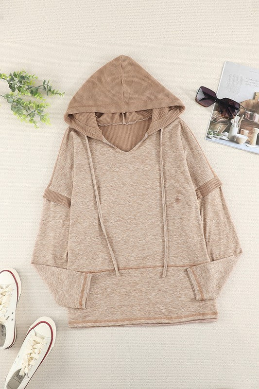 Waffle Patchwork V-Neck Pullover Knit Hoodie