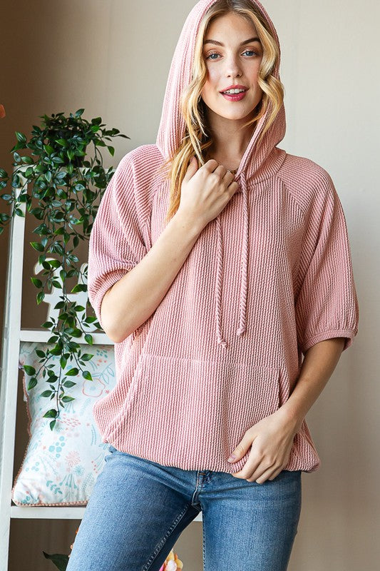 Ribbed Hoodie Top - Mauve