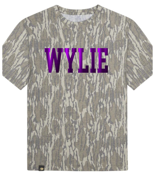 Mossy Oak Bottomland Camo Tee/Purple Metallic Puff Wylie Bulldogs PREORDER