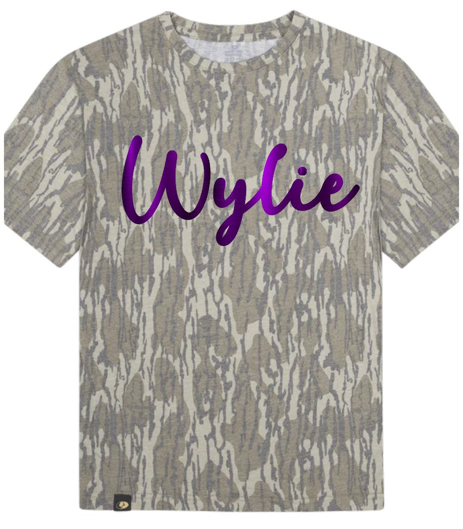 Mossy Oak Bottomland Camo Tee/Purple Metallic Puff Wylie Bulldogs PREORDER