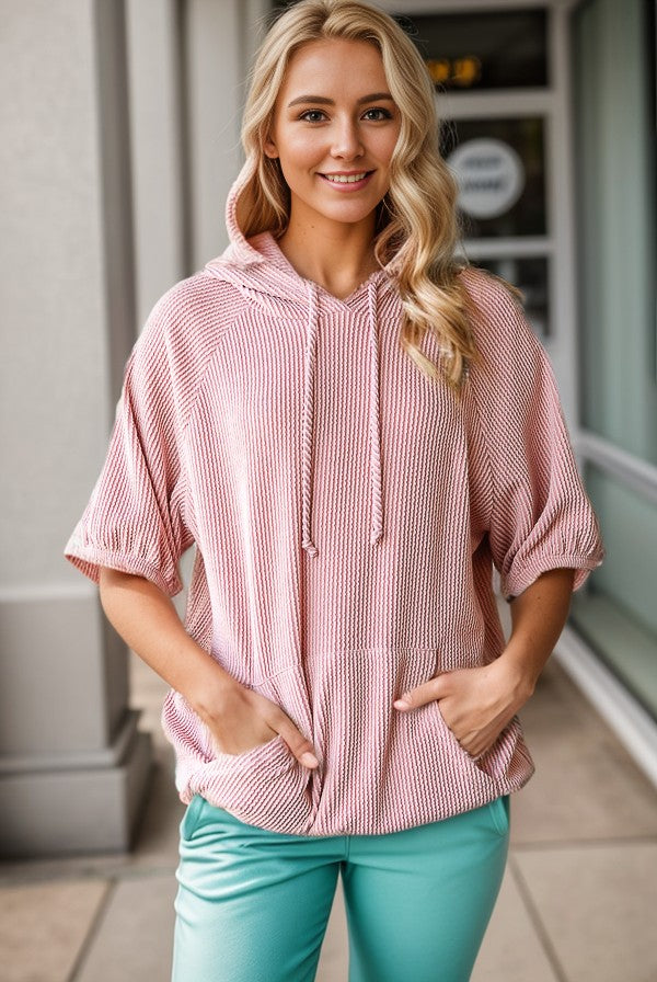 Ribbed Hoodie Top - Mauve