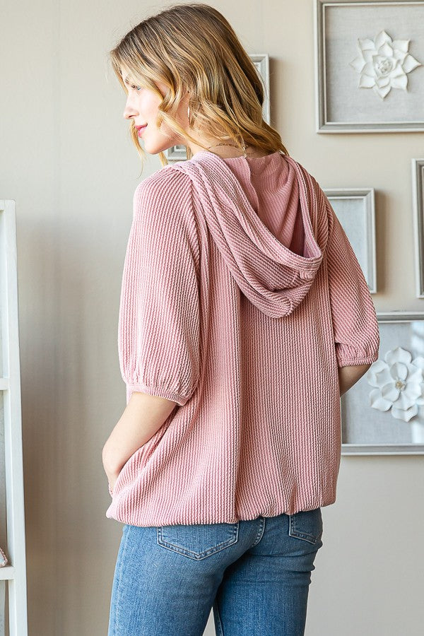 Ribbed Hoodie Top - Mauve