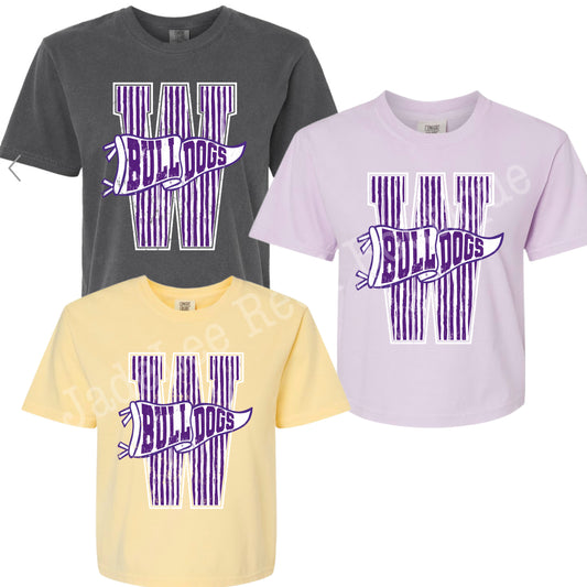 W Bulldogs - Large Stripe Varsity Letter with Pennant Tee/Sweatshirt PREORDER - Made To Order - Adult