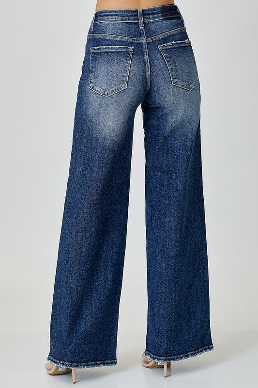 Risen Mid Rise Crossover Wide Leg Jeans