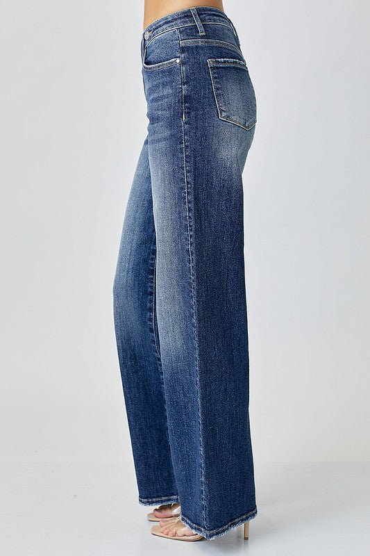 Risen Mid Rise Crossover Wide Leg Jeans