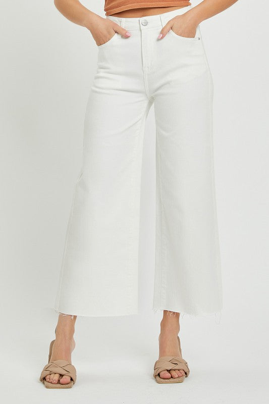 Risen High Rise Tummy Control Wide Leg Crop Pants - Cream