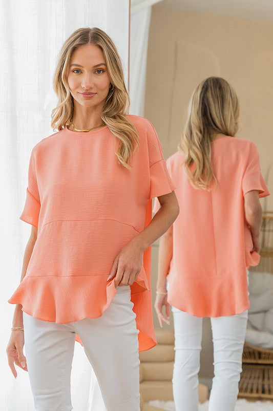 Coral Round Neck Ruffle Hem Top