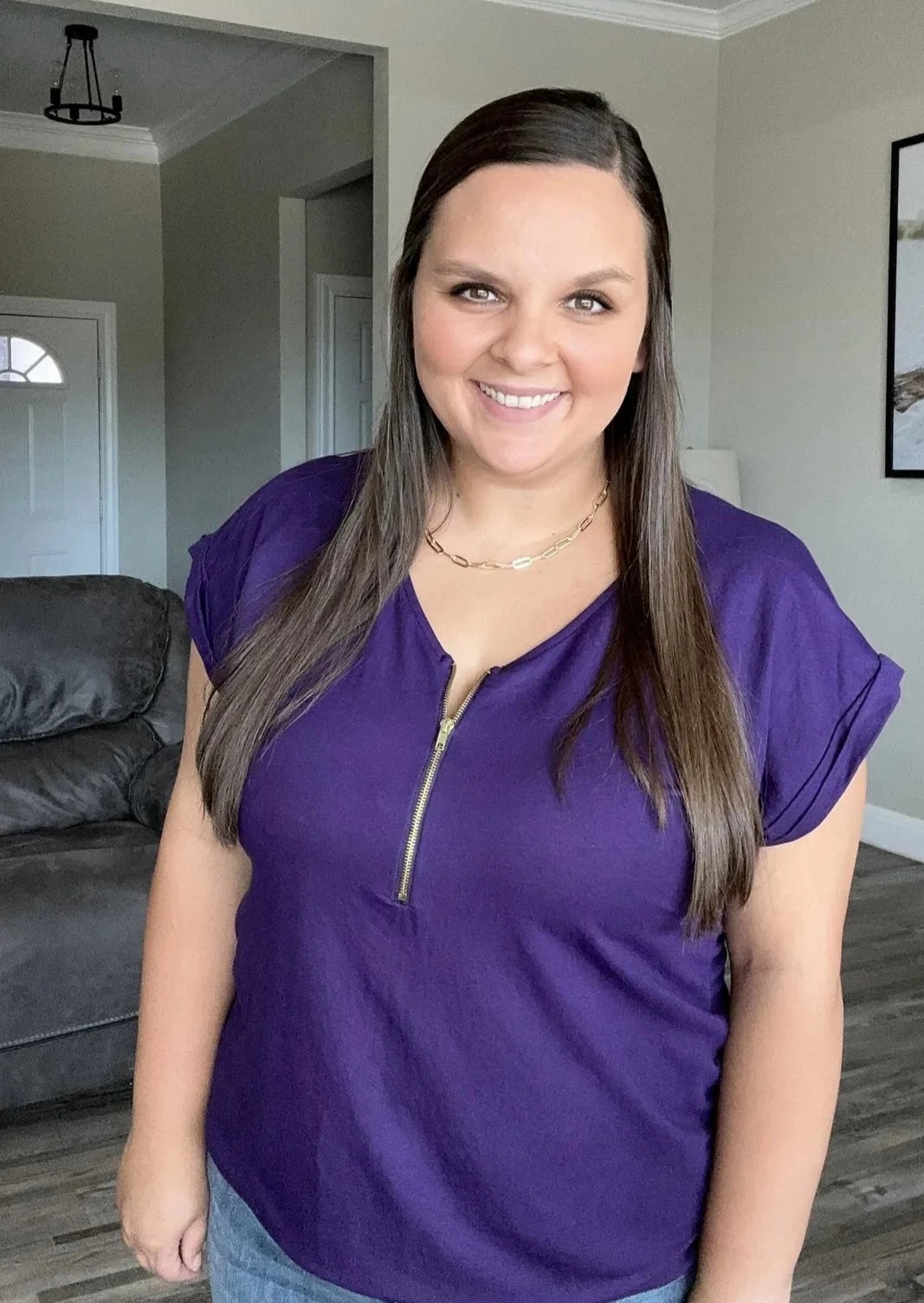 The Star - Purple Zipper Short Sleeve Blouse