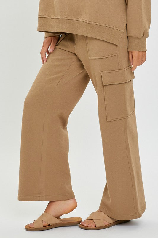 Risen High Rise Cargo Pocket Wide Pants - Mocha